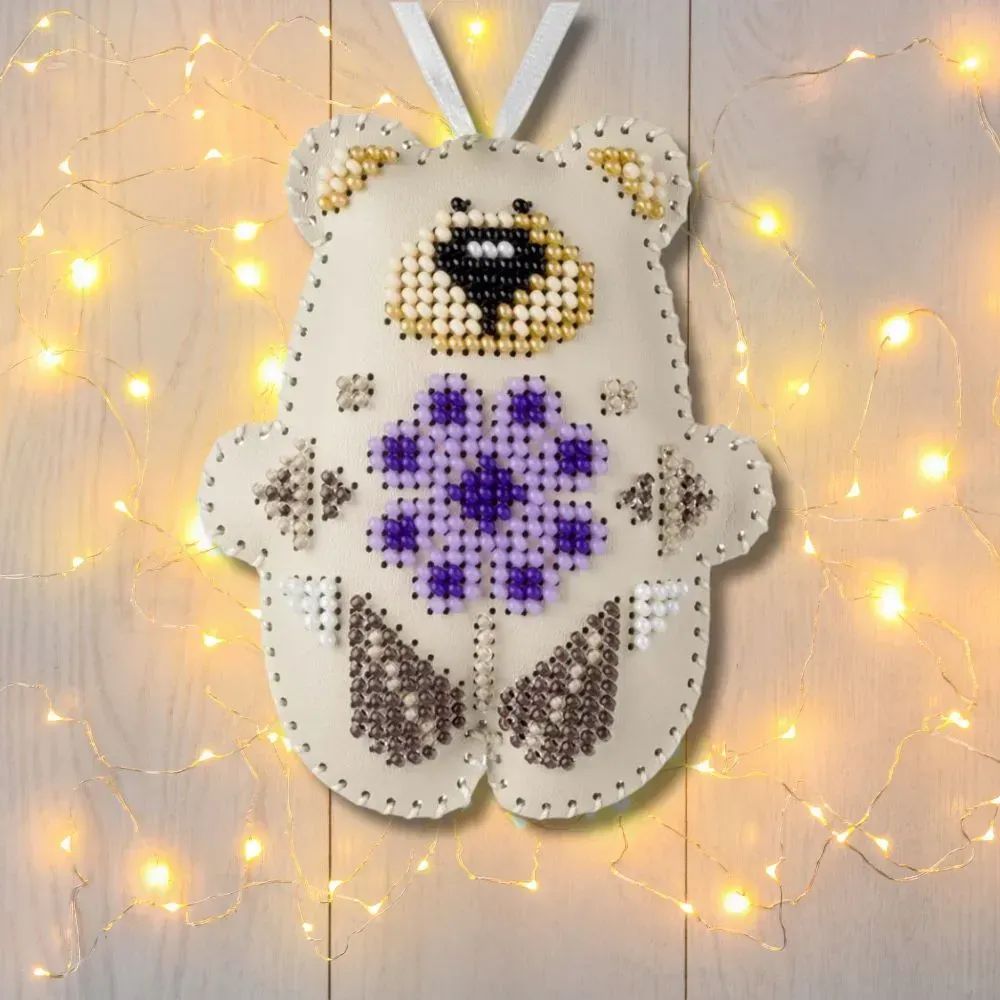 Light Beige Bear by Wonderland Crafts 2025 Christmas Ornament (Double-Sided) Faux Leather Bead Embroidery Kit