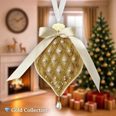 Golden Pinecone by Wonderland Crafts 2025 Christmas Ornament Cross stitch kit on a plastic base