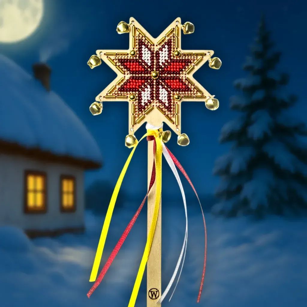Crimson Glow Christmas Star by Wonderland Crafts 2025 Christmas Ornament Bead embroidery kit on wood Made in Ukraine