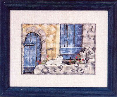 White Cat with blue door (Hvid Kat V Bla Dor) by Oehlenschläger OOE-Design Counted Cross Stitch kit