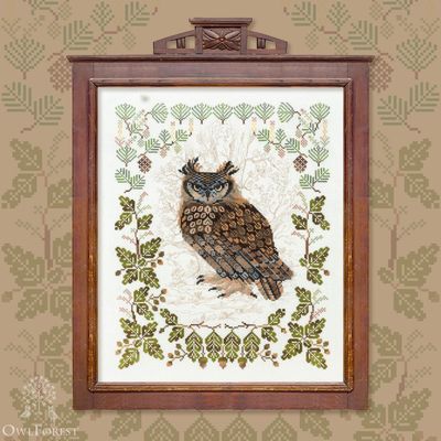 Siberian Owl by Owl Forest Embroidery Printed cross stitch pattern Set of Hand-Dyed Threads DMC 28, 30, 32 ct., Printed Fabric 30ct