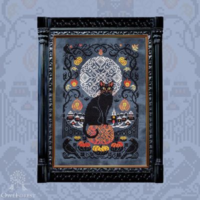Moonlight Cat by Owl Forest Embroidery 2025 Printed counted cross stitch pattern, Set of Hand-Dyed Threads DMC