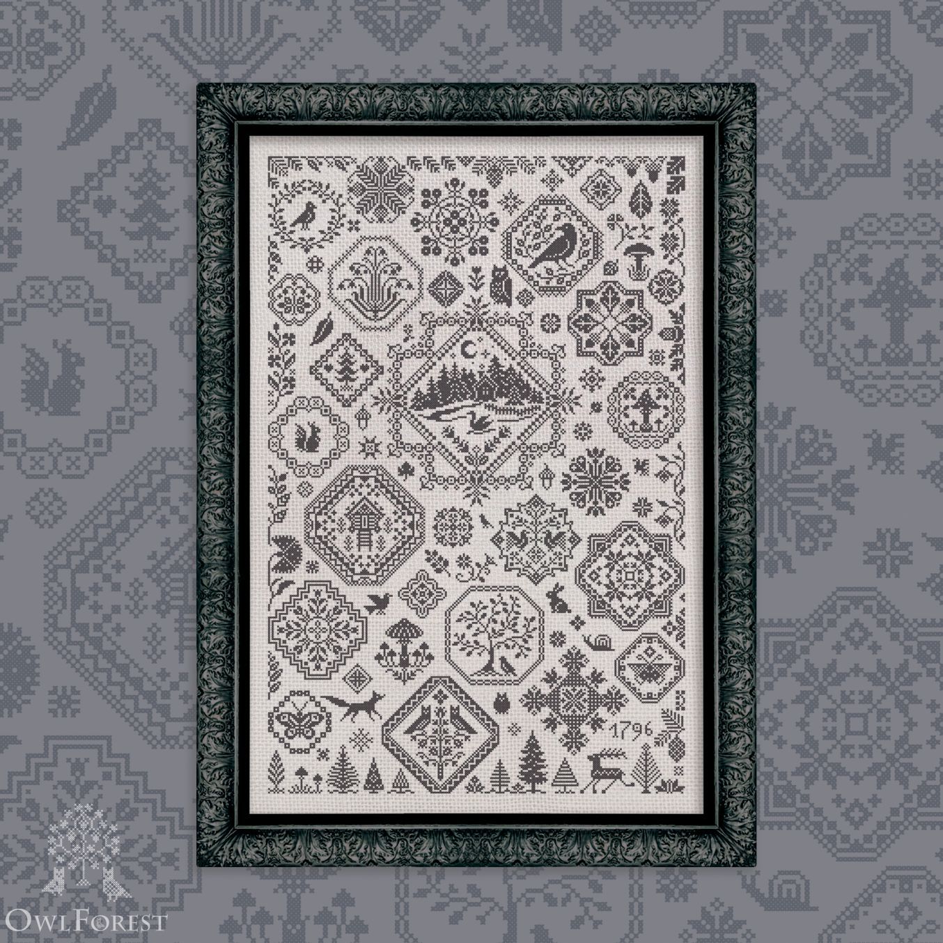 Quaker “Schwartzwald by Owl Forest Embroidery 2025 Printed counted cross stitch pattern, Set of Hand-Dyed Threads DMC 32ct with 2 strands