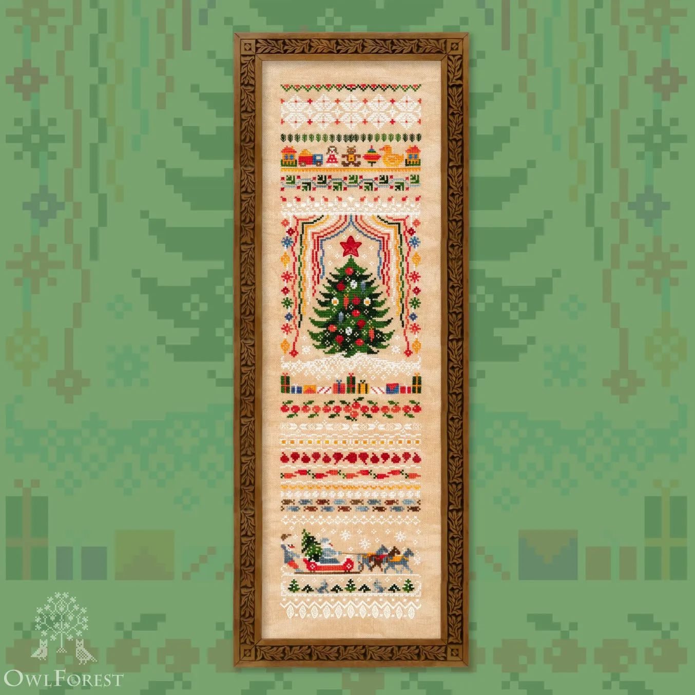 Christmas Tree by Owl Forest Embroidery 2024 Printed cross stitch pattern, Set of Hand-Dyed Threads DMC 32, 36 ct. with 2 str.