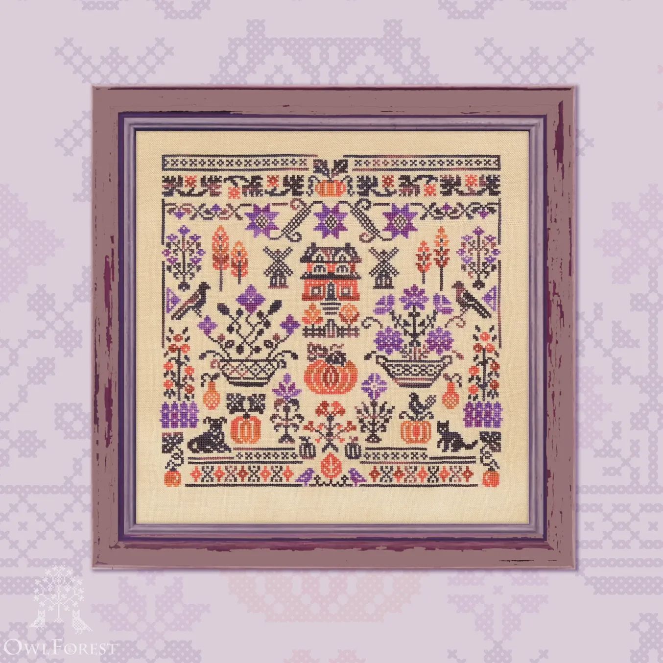 Cozy Garden by Owl Forest Embroidery 2025 Printed counted cross stitch pattern, Set of Hand-Dyed Threads DMC