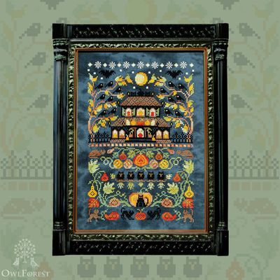 Pumpkin Night by Owl Forest Embroidery 2025 Printed counted cross stitch pattern, Set of Hand-Dyed Threads DMC 32, 36 ct with 2 strands