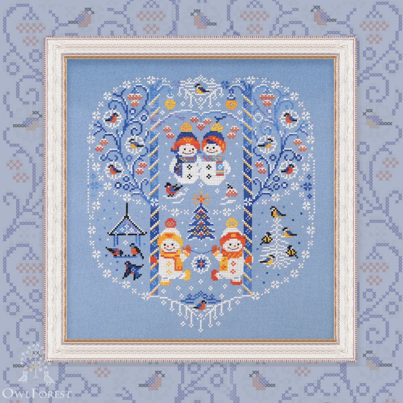 Snowy Stroll by Owl Forest Embroidery 2025 Printed counted cross stitch pattern, Set of OwlForest Hand-Dyed Threads DMC