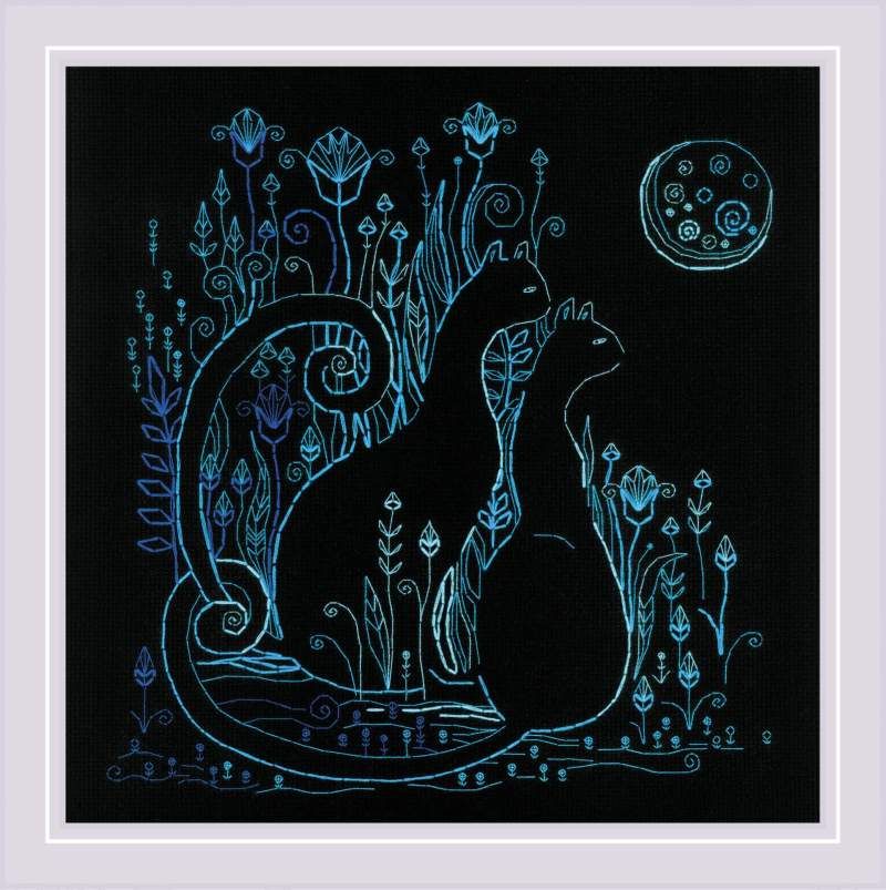 Cats. Moonlight by Riolis 2023 Blackwork Needlework Embroidery Kit