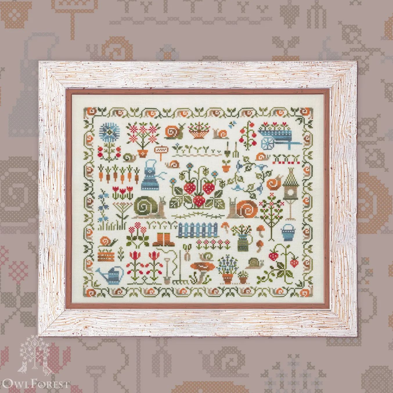 Snail Garden by Owl Forest Embroidery 2022 Printed cross stitch pattern, Set of OwlForest Hand-Dyed Threads DMC 28, 32, 36 ct with 2 strands