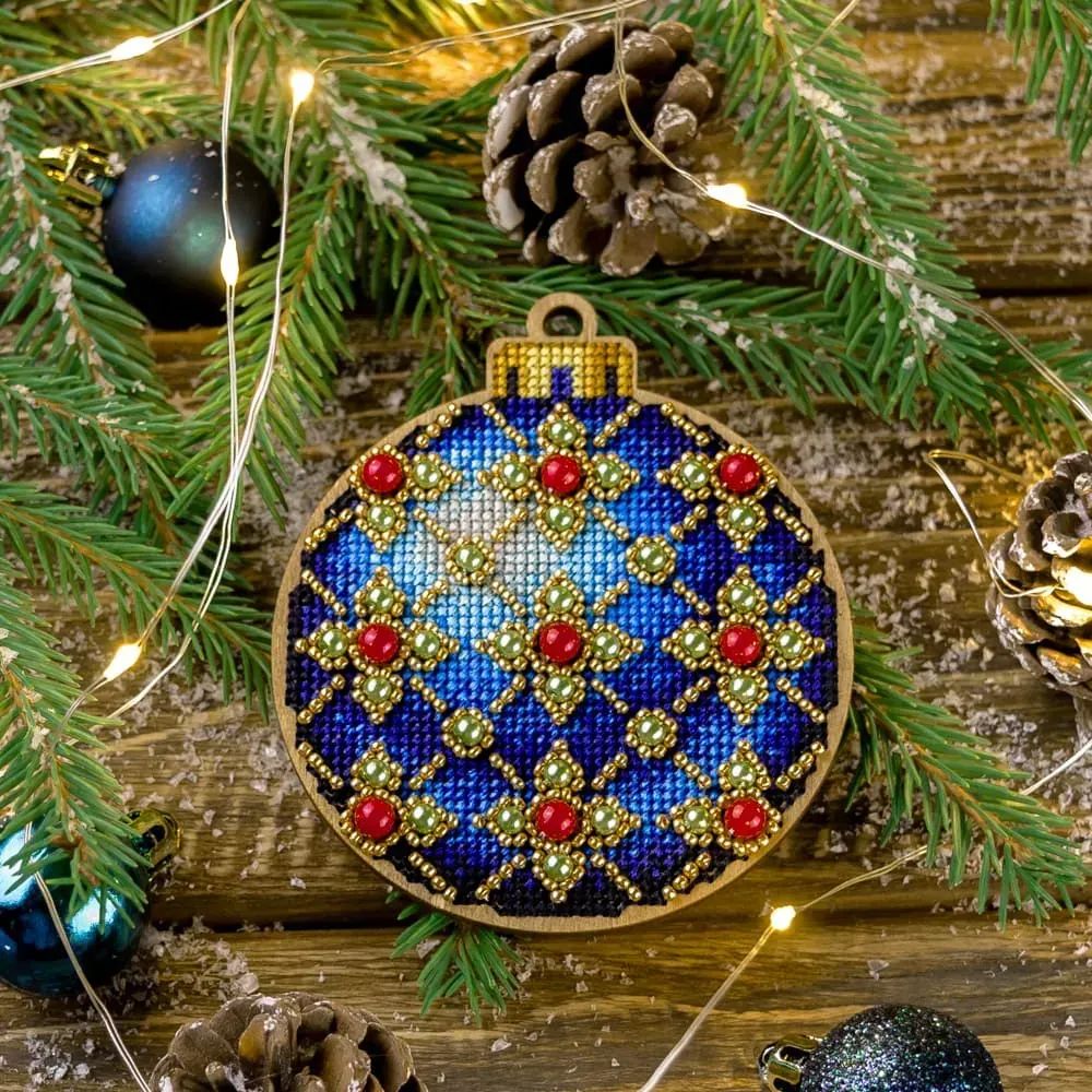 Blue Festive Pattern by Wonderland Crafts Christmas Ornament Cross-stitch with beads kit on wood Made in Ukraine