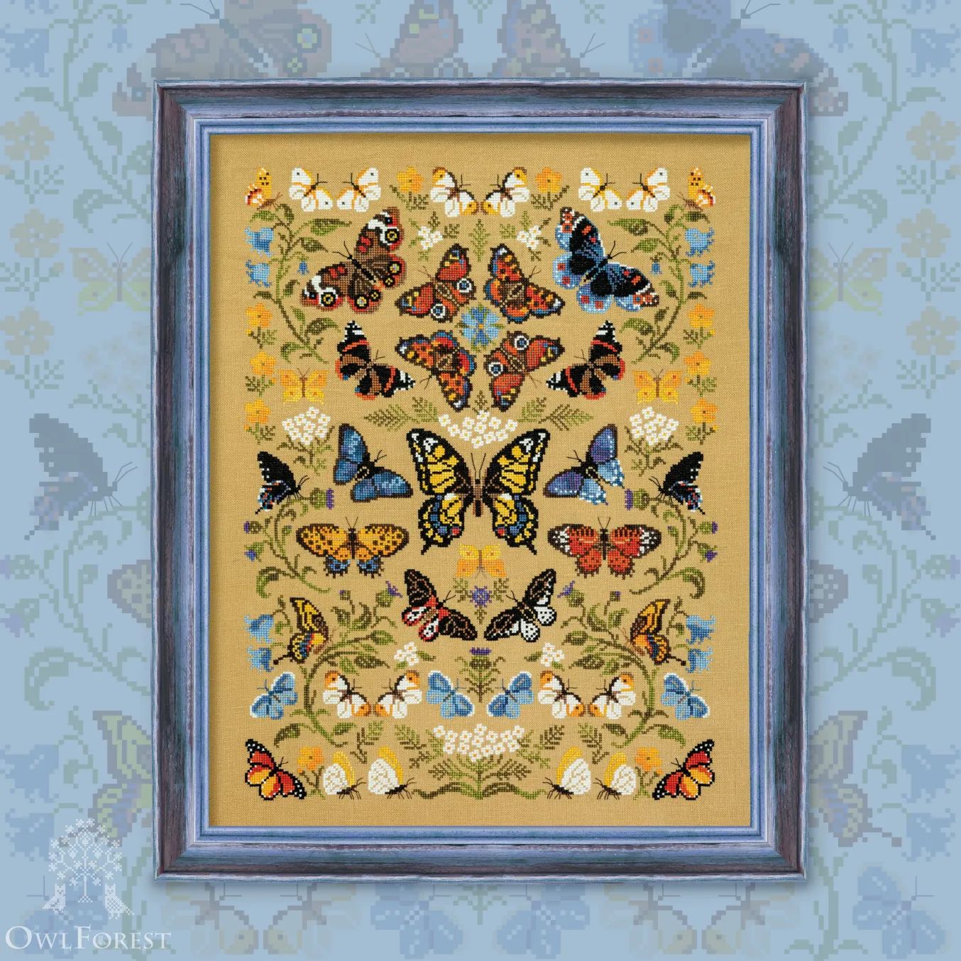 Dancing Butterflies by Owl Forest Embroidery 2025. Printed counted cross stitch pattern, Set of Hand-Dyed Threads DMC 32 ct with 2 strands
