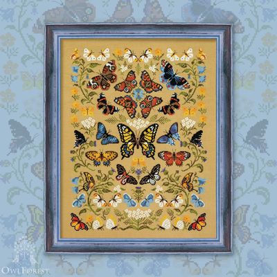 Dancing Butterflies by Owl Forest Embroidery 2025. Printed counted cross stitch pattern, Set of Hand-Dyed Threads DMC 32 ct with 2 strands