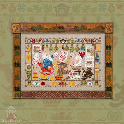 At the Bath House by Owl Forest Embroidery 2024 Printed cross stitch pattern, Set of Hand-Dyed Threads DMC 28, 32, 36 ct. with 2 strands