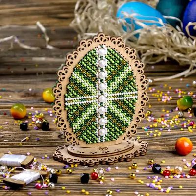 Emerald Easter egg on a stand by Wonderland Crafts Easter Bead embroidery kit on wood Made in Ukraine