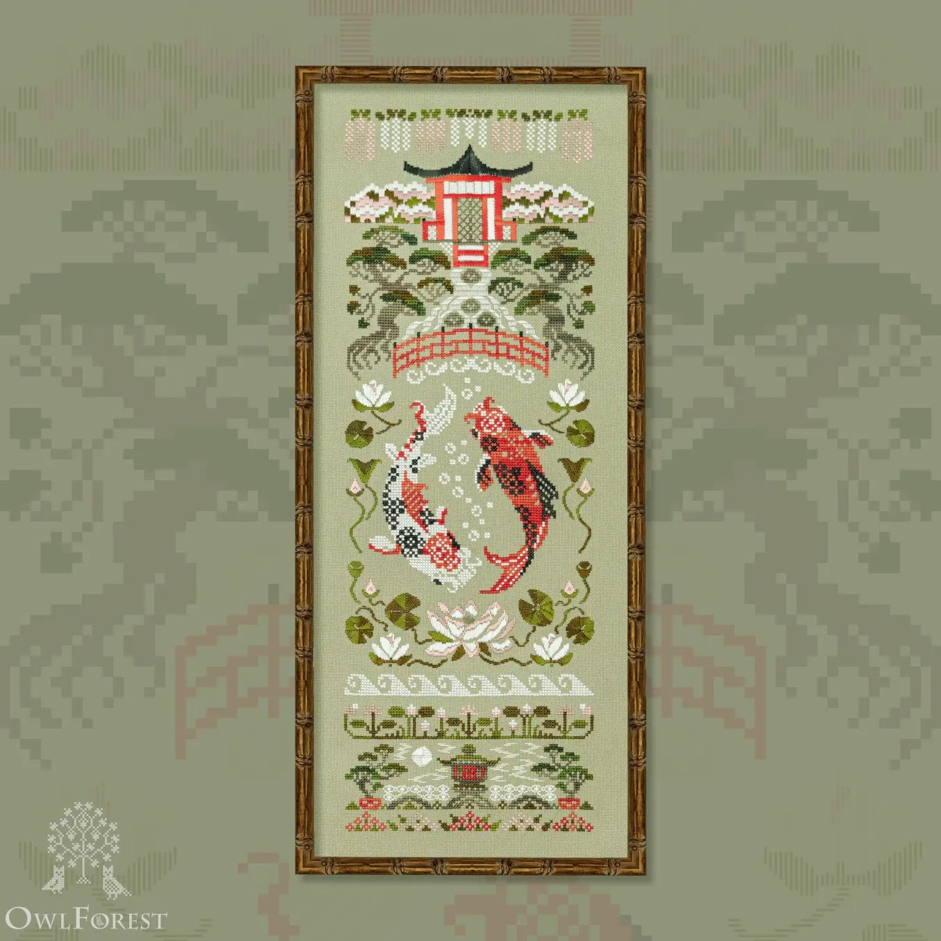 Garden Carps by Owl Forest Embroidery 2023 Counted Cross stitch pattern, Set of OwlForest Hand-Dyed Threads DMC 28, 32, 36 ct with 2 strands