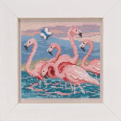 Flamingos by Mill Hill 2019 Spring Series Buttons and Beads embroidery kit. Beaded cross stitch kit