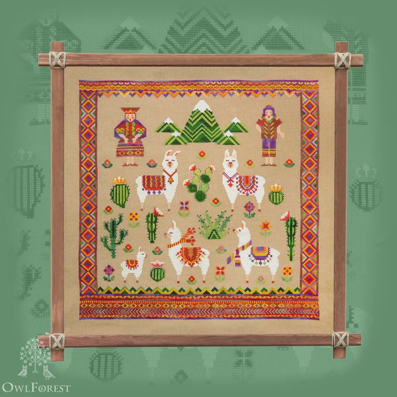 Llamas by Owl Forest Embroidery 2023 Printed counted cross stitch pattern Hand-Dyed Threads Set (DMC) 32 ct. with 2 strands