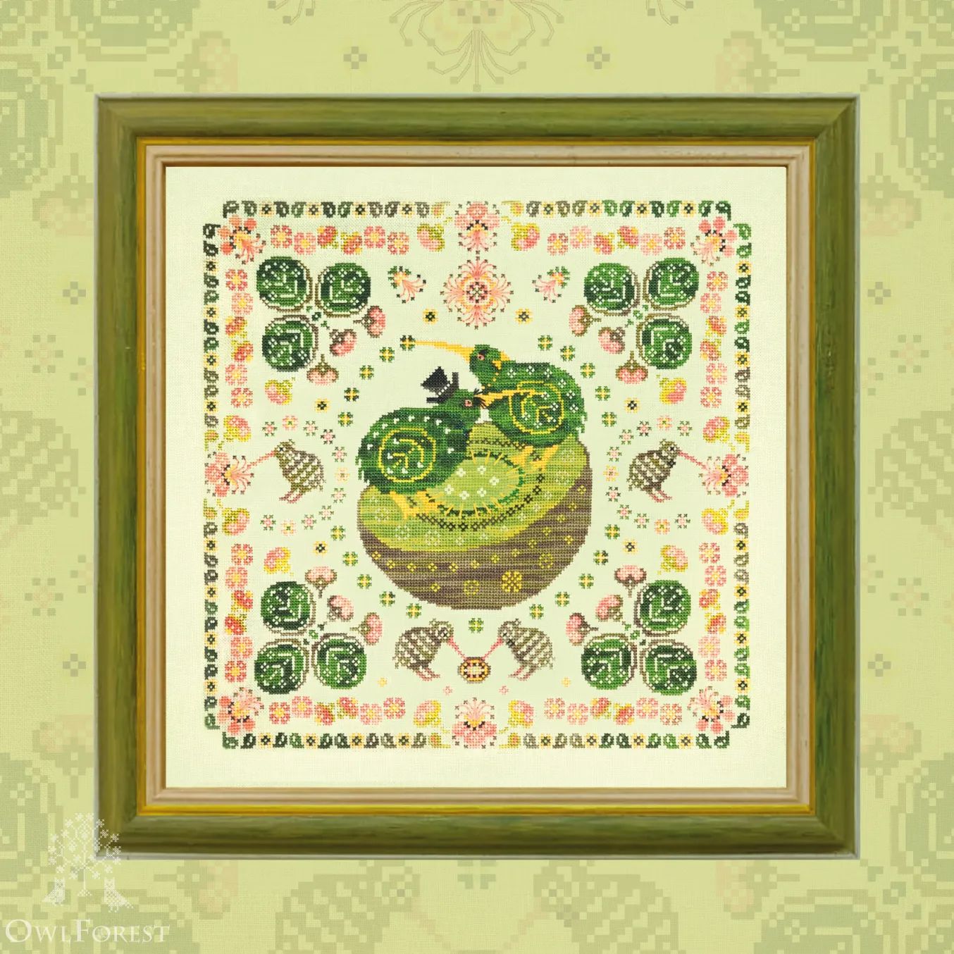 Kiwi Birds by Owl Forest Embroidery 2025 Printed counted cross stitch pattern Set of OwlForest Hand-Dyed Threads DMC 32, 36ct.