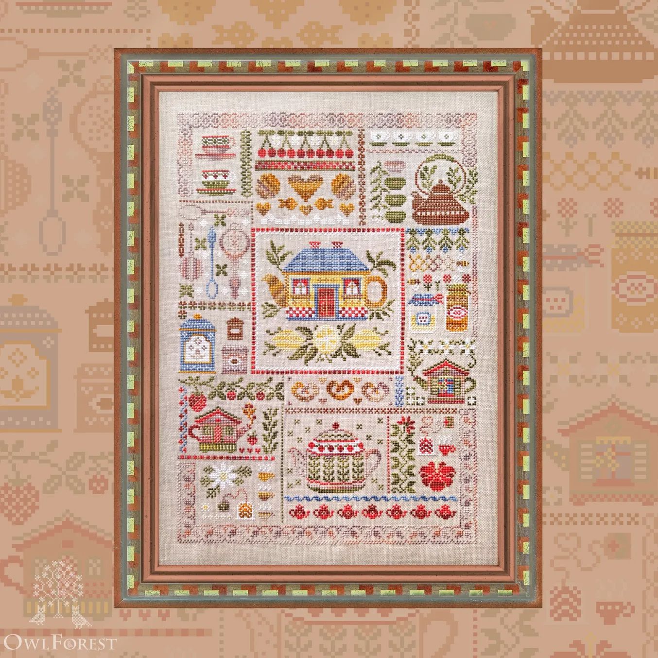 Tea Sampler by Owl Forest Embroidery 2020 Printed Counted cross-stitch pattern, Set of OwlForest Threads (DMC) 32 ct with 2 strands