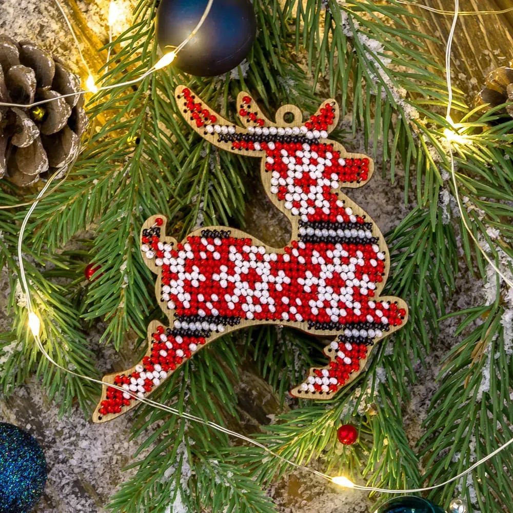 Reindeer in Red by Wonderland Crafts Christmas Ornament  Bead embroidery kit on wood Made in Ukraine