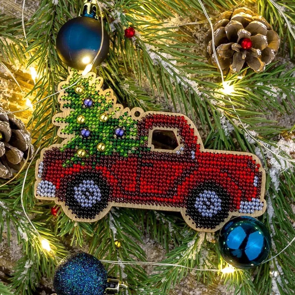 Red Car by Wonderland Crafts Christmas Tree toys Bead embroidery kit on wood Made in Ukraine