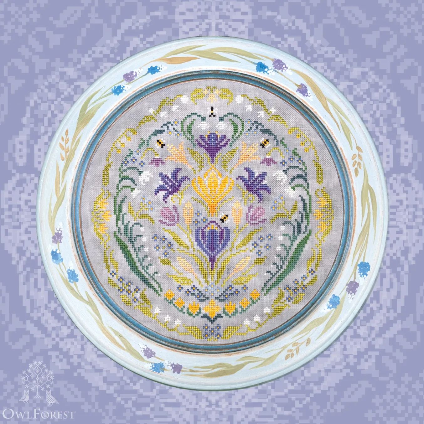Crocuses by Owl Forest Embroidery 2024 Printed counted cross stitch pattern, Set of Hand-Dyed Threads DMC  28, 32, 36 ct. with 2 strands