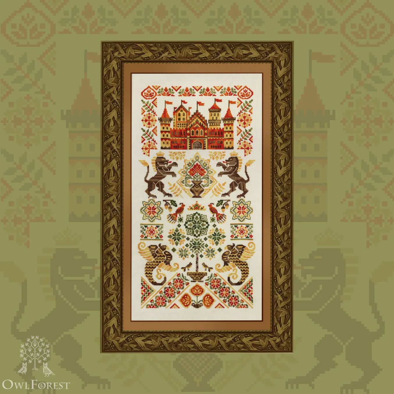 Red Castle Guardians by Owl Forest Embroidery 2023 Printed counted cross stitch pattern, Set of Hand-Dyed Threads (DMC) 32 ct with 2 strands