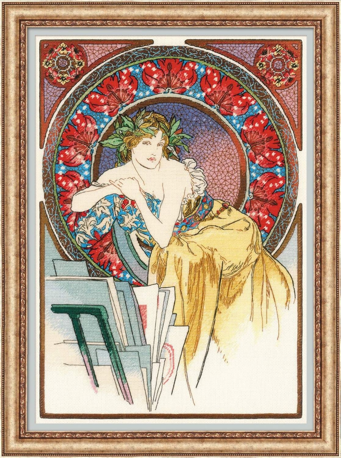 Girl with Easel After A. Mucha's Art - Riolis Premium Counted Cross Stitch Kit. Lovely Art Nouveau design