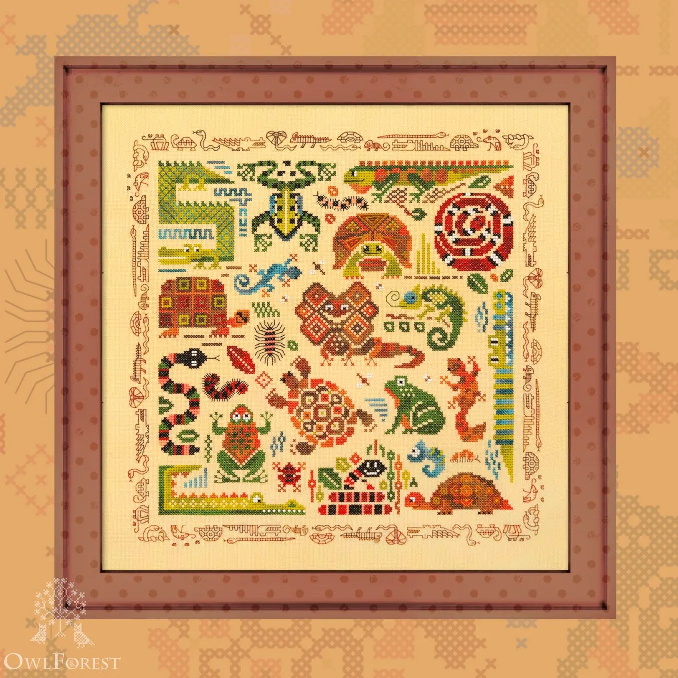 Lazy Reptiles by Owl Forest Embroidery 2024 Printed counted cross stitch pattern Set of OwlForest Hand-Dyed Threads DMC 32 ct with 2 strands