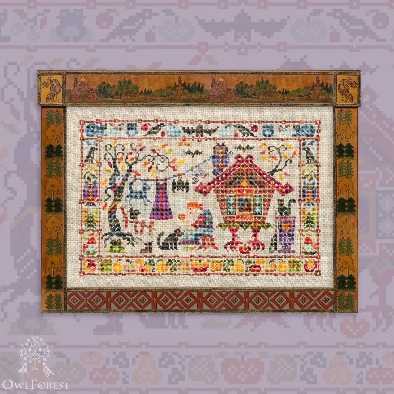 October Mood (Fairytales of Baba Yaga) by Owl Forest Embroidery 2022 Printed counted cross stitch pattern, set of Hand-Dyed Threads