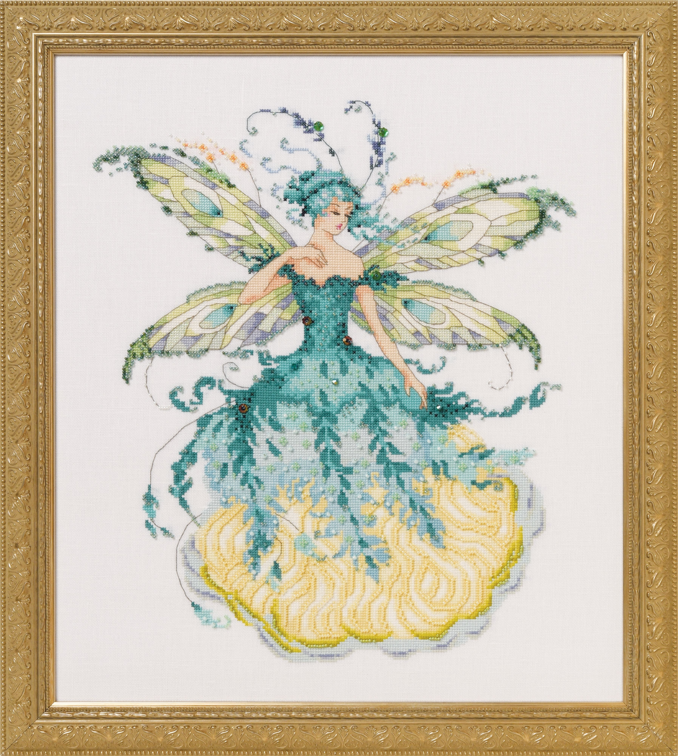 March Aquamarine Fairy by Mirabilia Designs 2018 Year of the Fairies Collection designer Nora Corbett Counted cross stitch pattern, embellishment pack