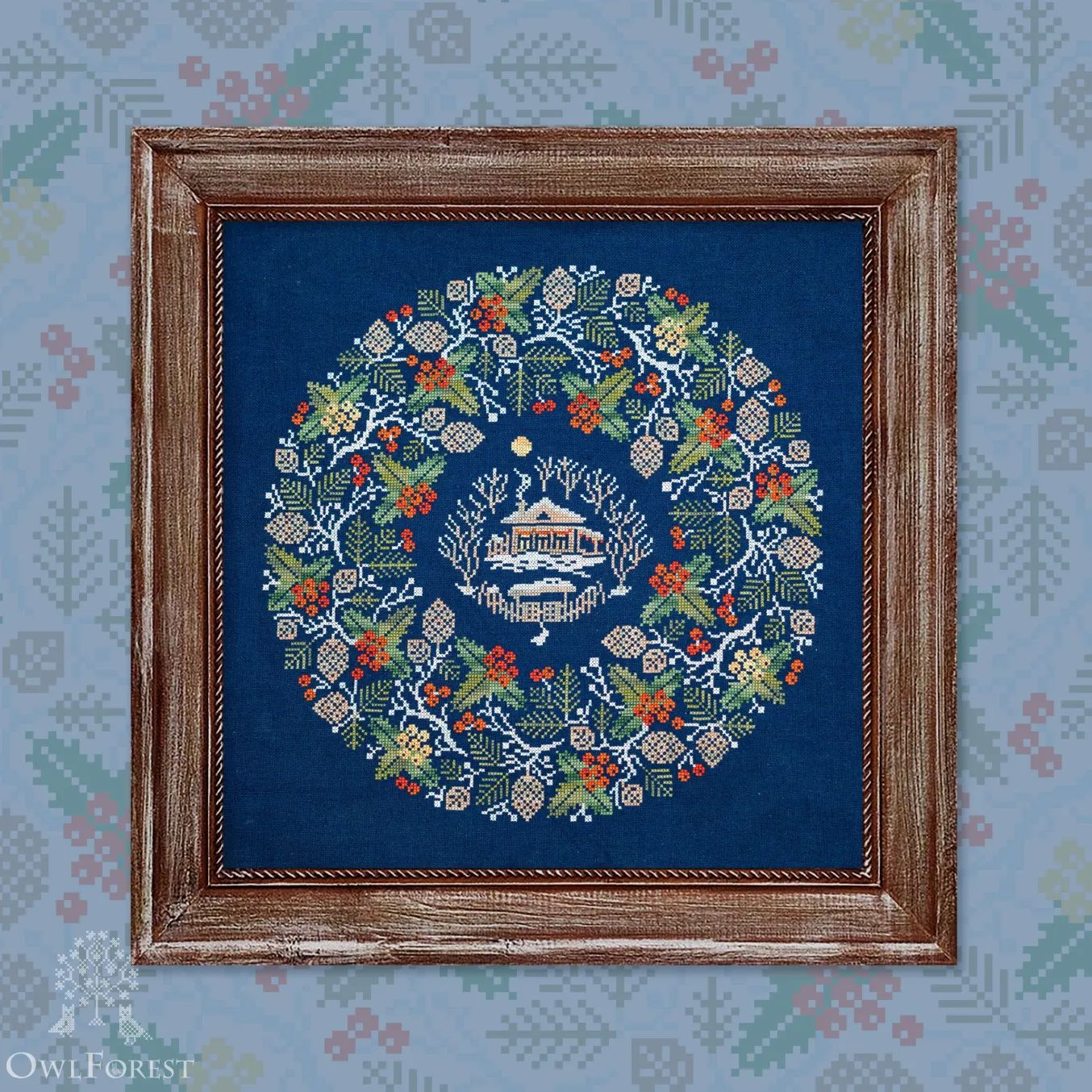 Frosty Night by Owl Forest Embroidery 2024 Printed cross stitch pattern, Set of Hand-Dyed Threads DMC 28, 32, 36 ct. with 2 strands