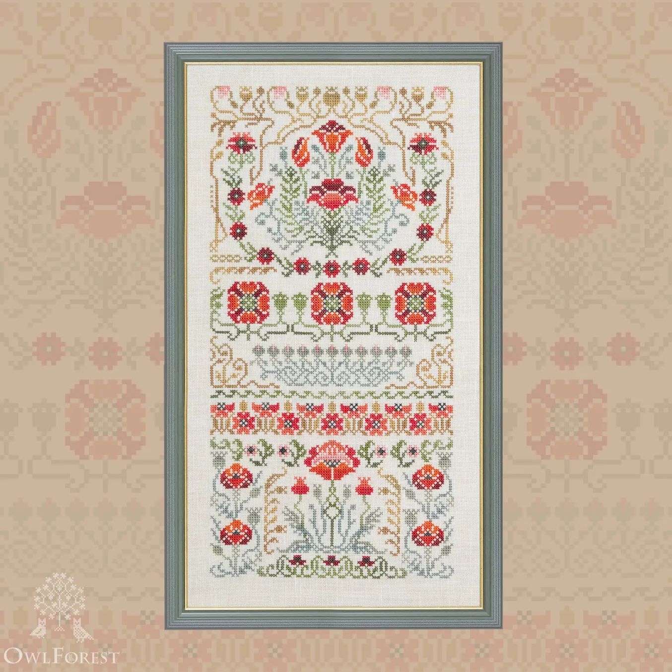Gorgeous Poppy by Owl Forest Embroidery 2023. Printed cross stitch pattern, Threads Set (DMC) 40ct. with 1 str, 36, 32, 28ct. with 2 strands