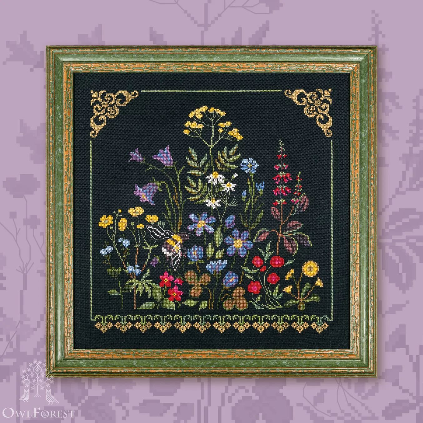 Wild Grasses Bumblebee by Owl Forest Embroidery 2025 Printed counted cross-stitch pattern, Set of Hand-Dyed Threads DMC 32, 36ct. with 2 str