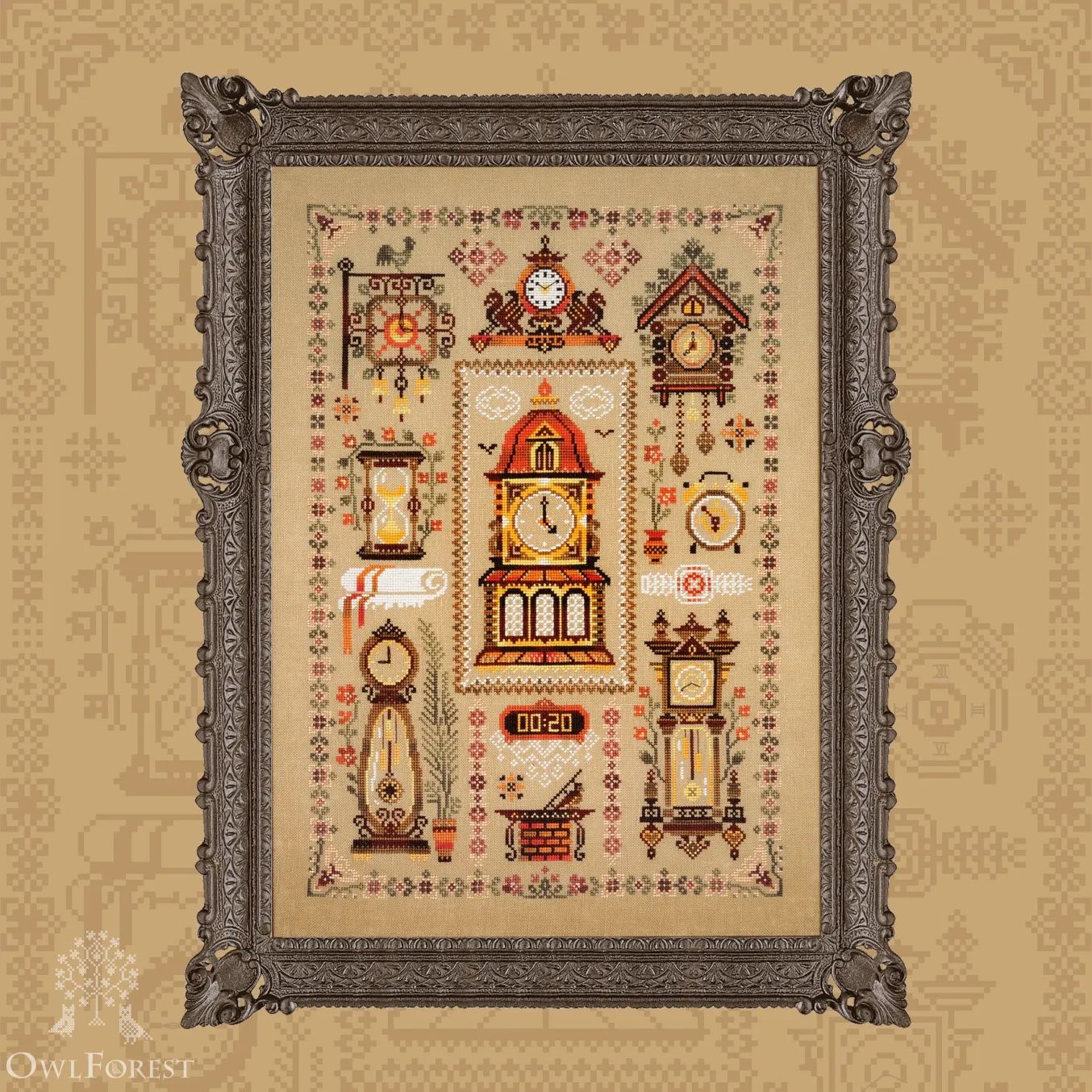 Time Sampler by Owl Forest Embroidery 2024 Printed counted cross stitch pattern, Set of Hand-Dyed Threads (DMC) 32 ct. with 2 strands