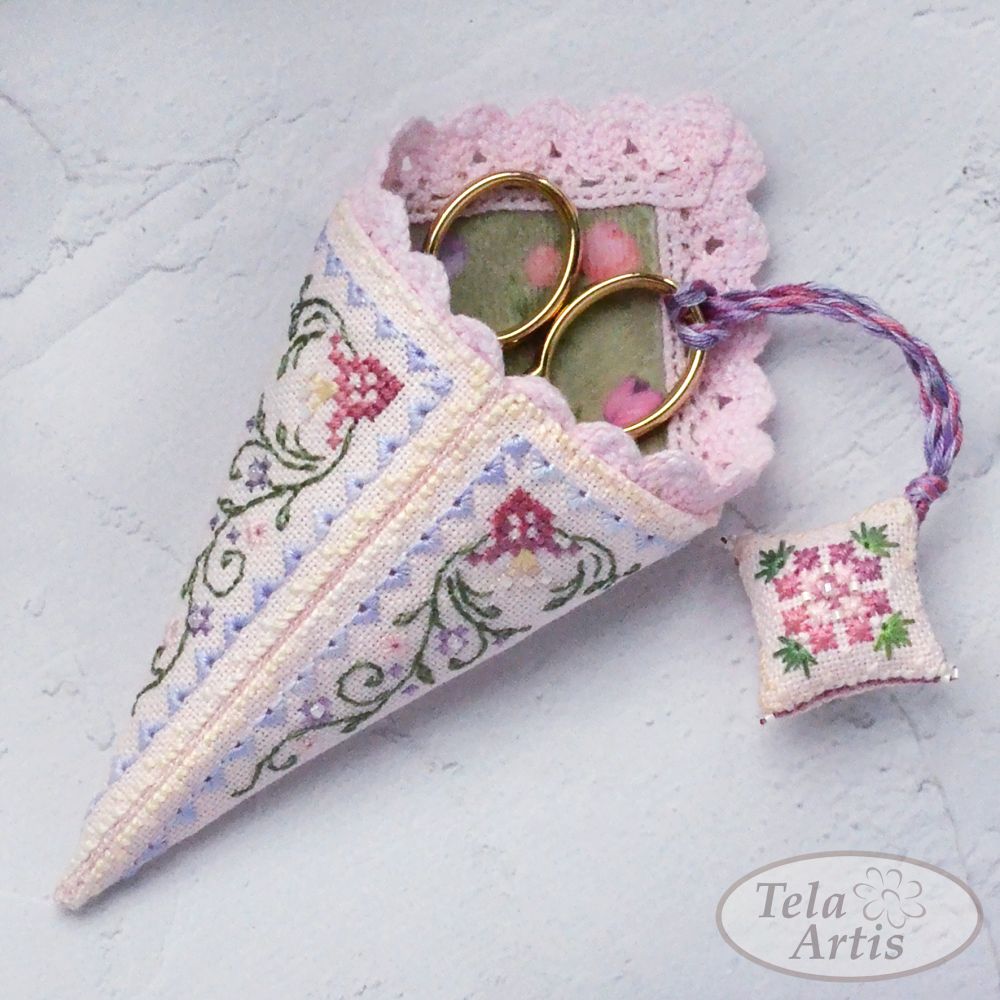 Bloomy scissor case and fob by Tela Artis Biscornu &amp; Pinkeeps series Cross and decorative stitches embroidery kit
