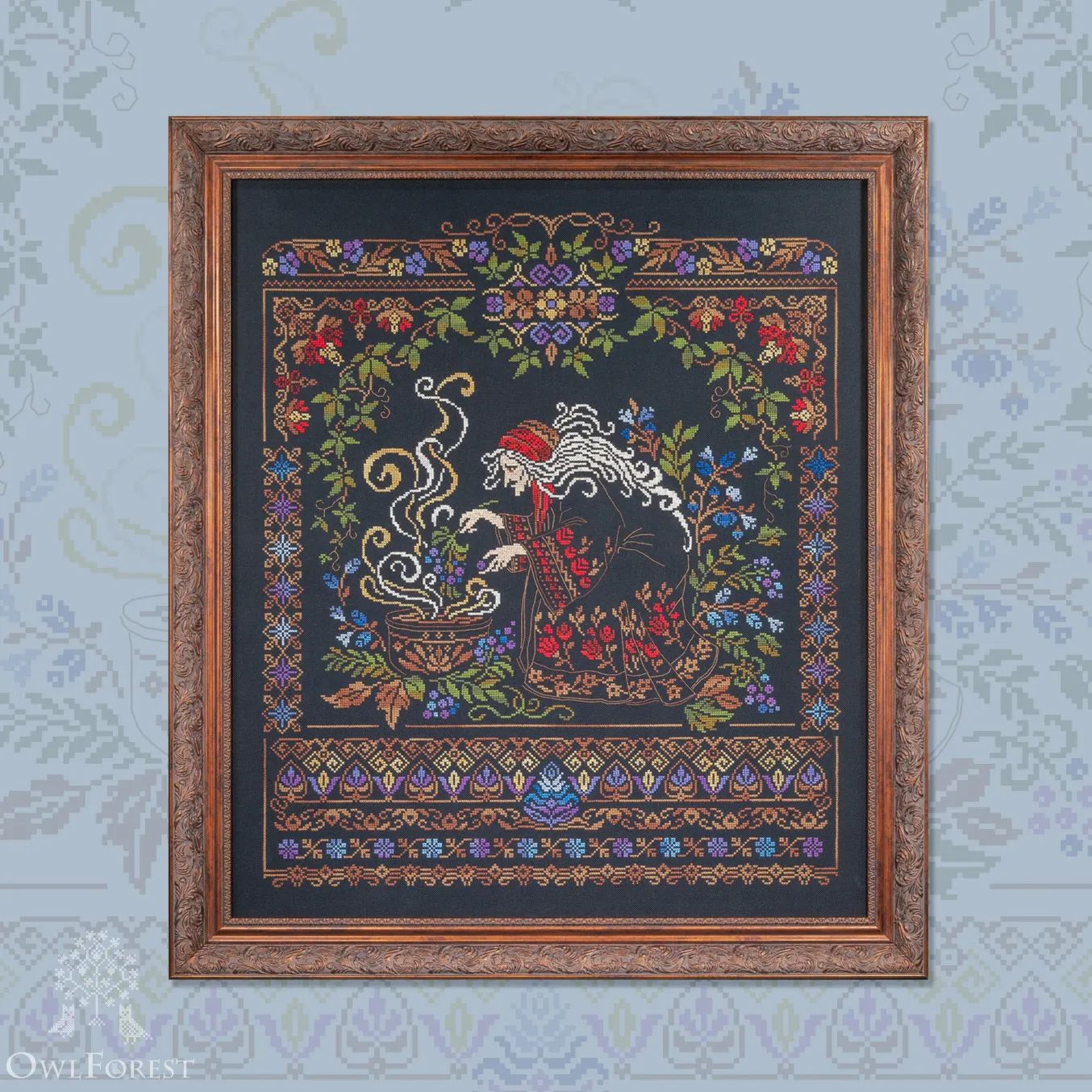 Yaga by Owl Forest Embroidery 2025 Printed counted cross stitch pattern, Set of Hand-Dyed Threads (DMC) 32 ct. with 2 strands