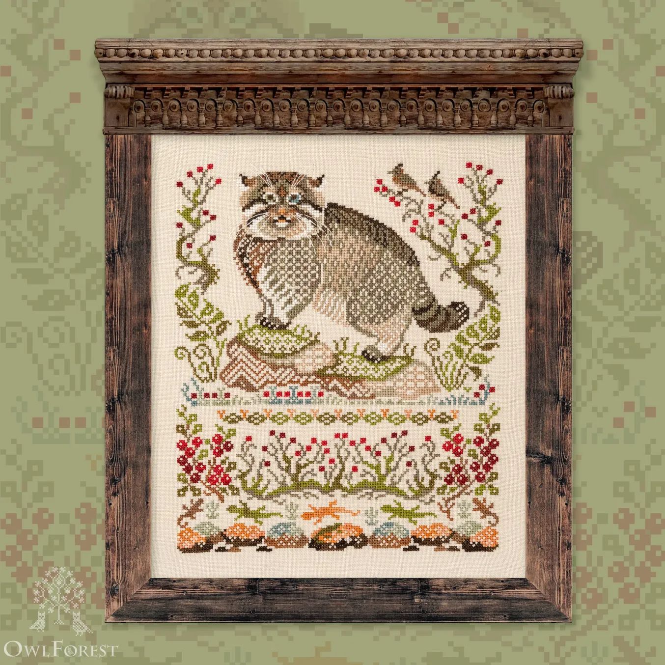 Manul by Owl Forest Embroidery 2025 Printed cross stitch pattern Set of Hand-Dyed Threads DMC 28, 32, 36 ct. with 2 strands