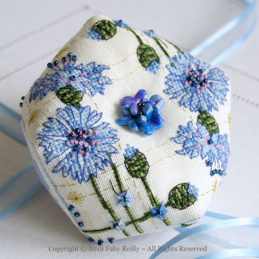 Cornflower Biscornu by Faby Reilly Designs 2018 Counted Cross Stitch pattern Advanced Level