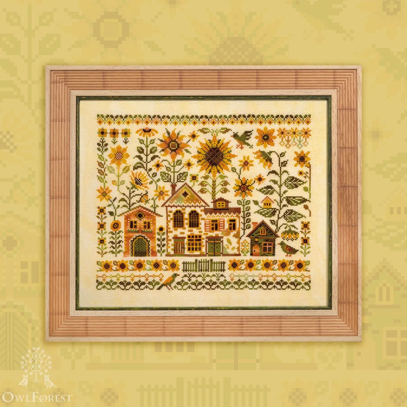 Sunflower Houses by Owl Forest Embroidery 2025 Printed counted cross stitch pattern, Set of Hand-Dyed Threads DMC 32,36 ct. with 2 strands