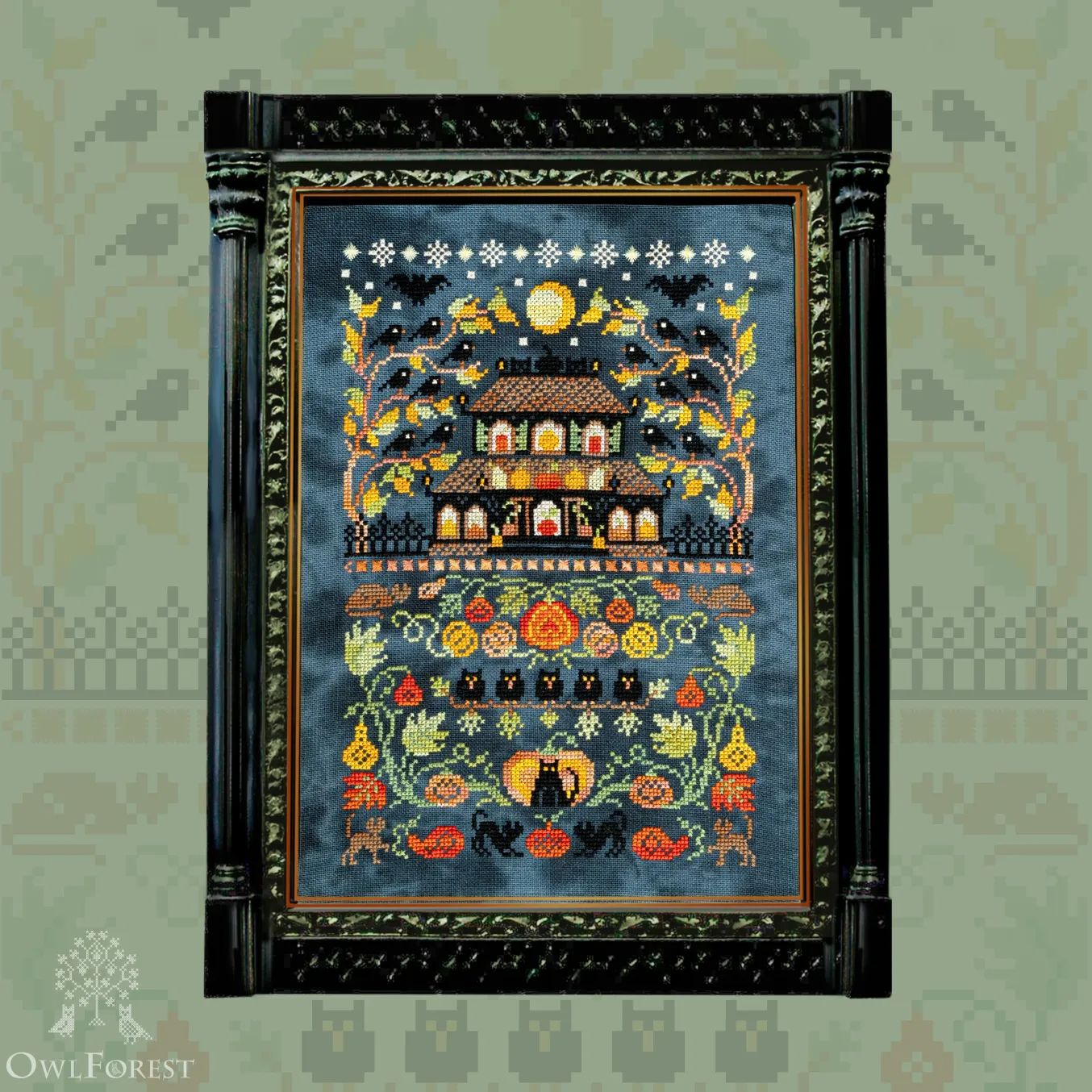 Pumpkin Night by Owl Forest Embroidery 2025 Printed counted cross stitch pattern, Set of Hand-Dyed Threads DMC 32, 36 ct with 2 strands