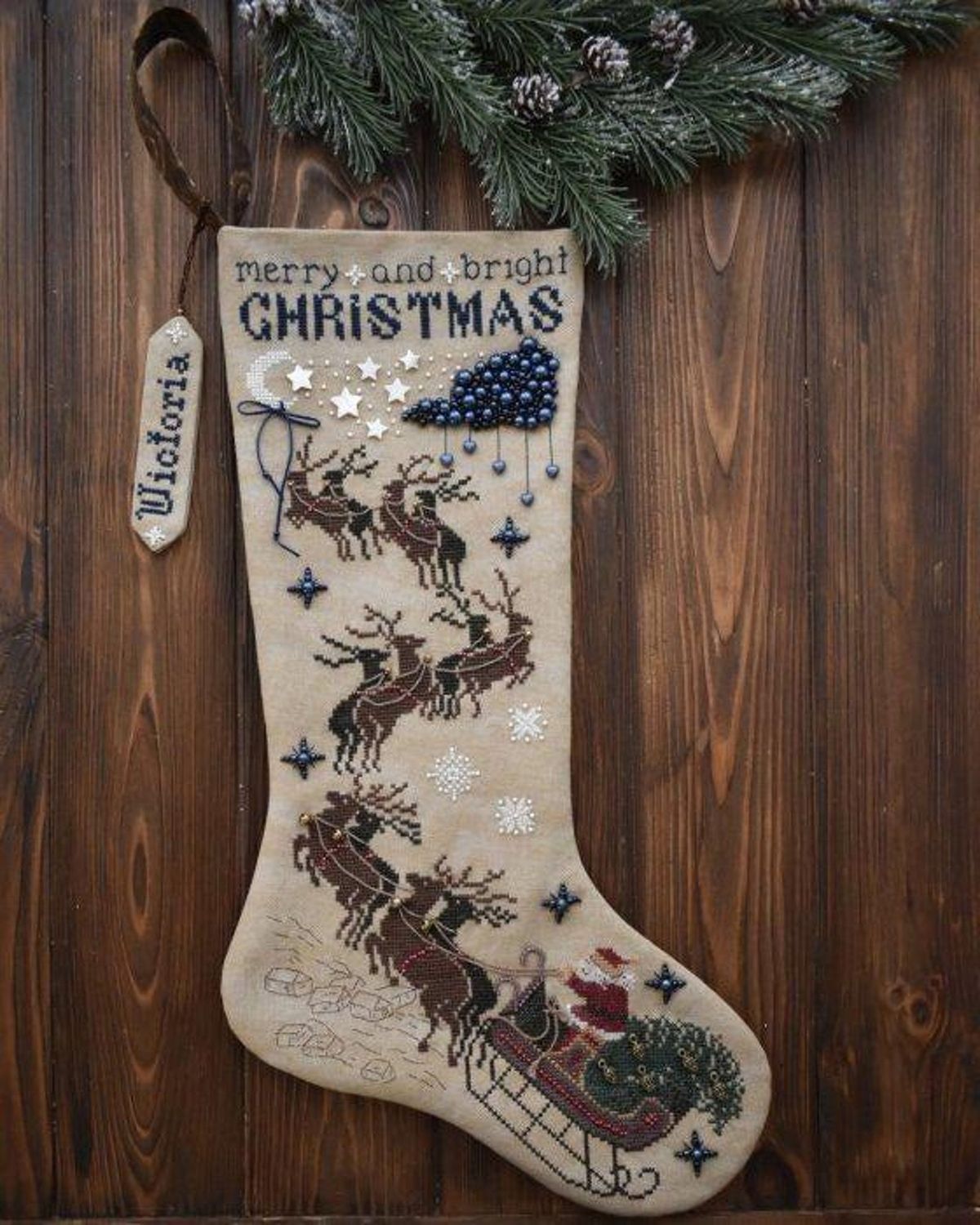 On his way Stocking by MilleFleur 2025 Cross Stitch Pattern, Bead and thread pack