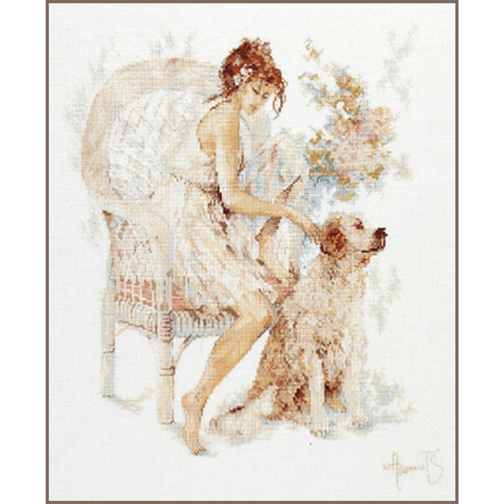 Girl in chair with dog by Lanarte Romance collection Counted Cross Stitch Kit