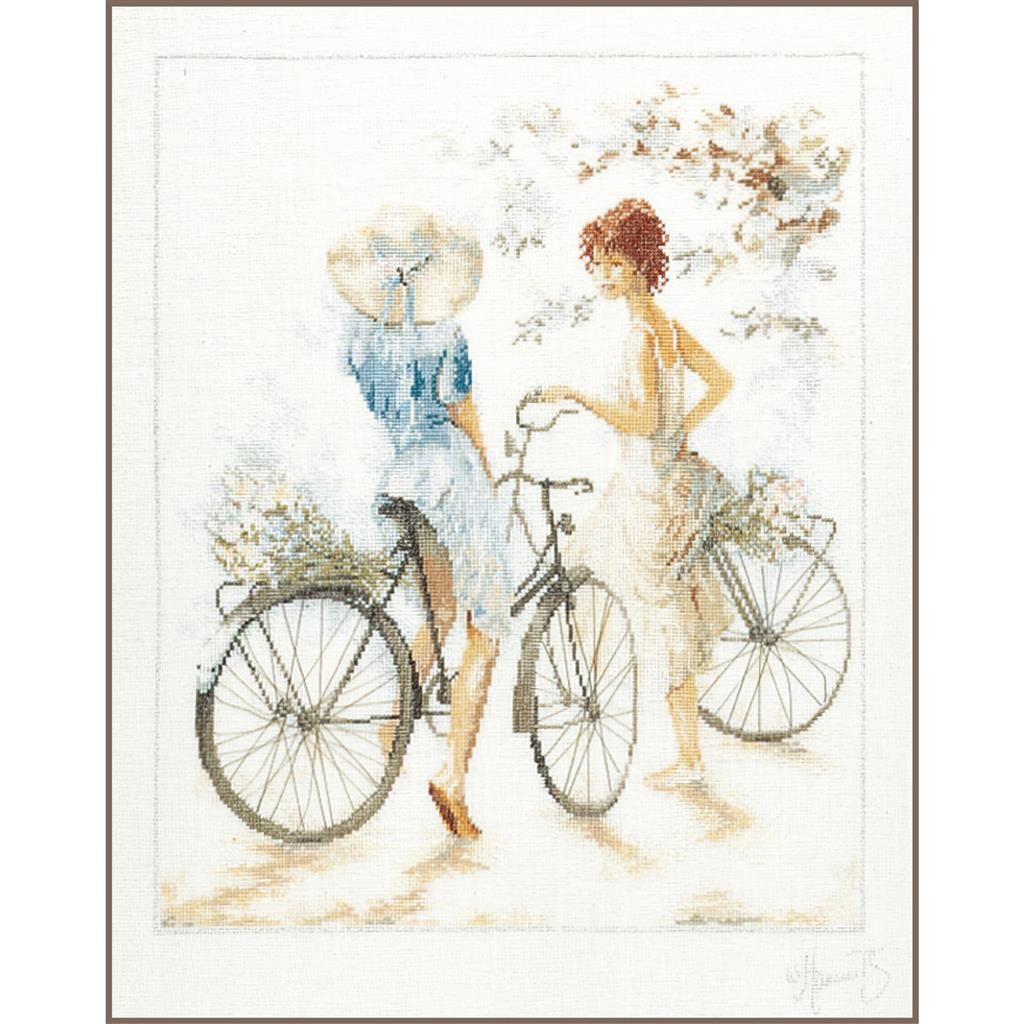 Girls on bicycle by Lanarte Romance collection Counted Cross Stitch Kit