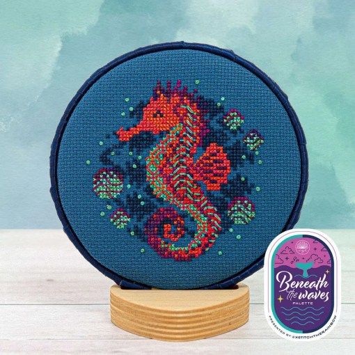 Bubble Seahorse by Counting Puddles 2026 Cross stitch pattern as part of the Cottage Garden Threads Beneath the Waves Palette collaboration