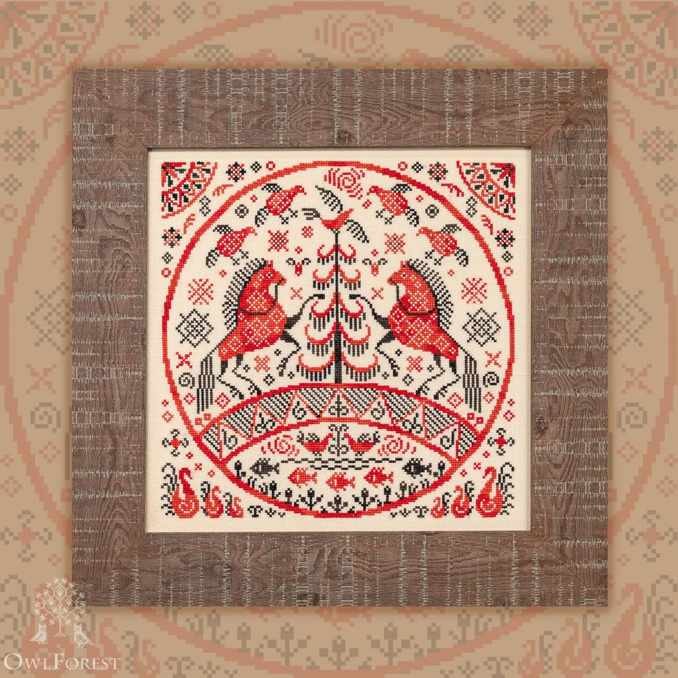 Red Horses by Owl Forest Embroidery 2025 Printed counted cross stitch pattern, Set of Hand-Dyed Threads DMC 28, 32, 36 ct with 2 strands