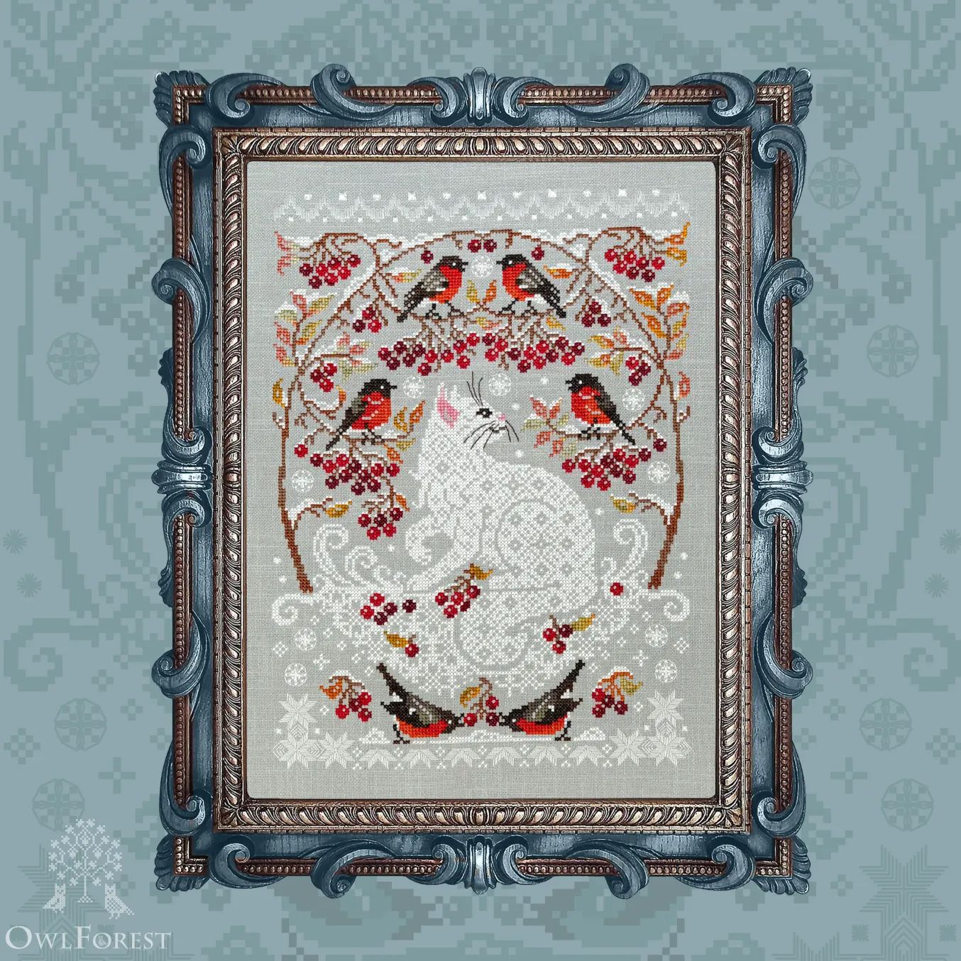 Snow Cat by Owl Forest Embroidery 2026 Printed counted cross stitch pattern, Set of Hand-Dyed Threads DMC 28, 32 ct with 2 strands