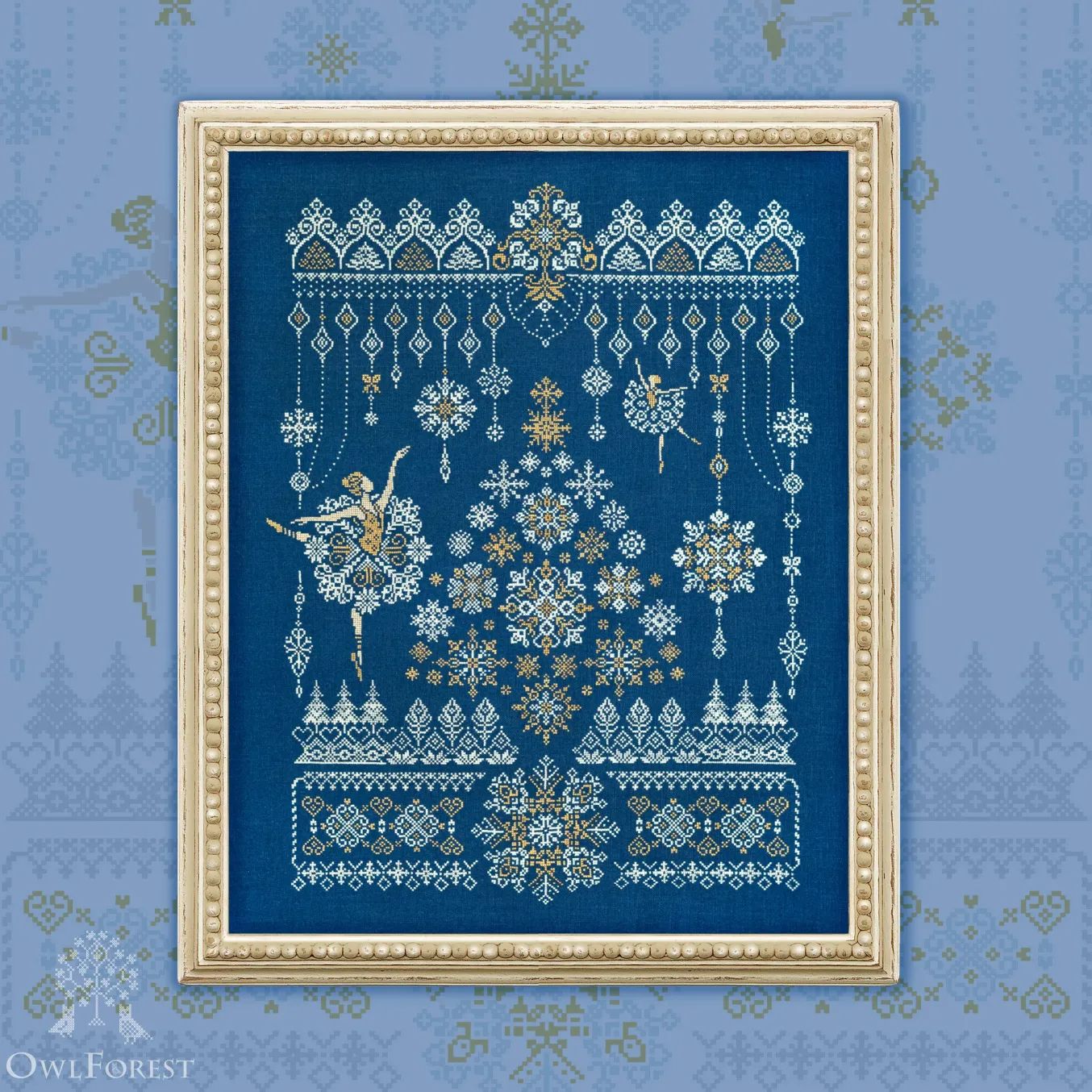 Snow Dance by Owl Forest Embroidery 2026 Printed counted cross stitch pattern, Set of Hand-Dyed Threads DMC 32 ct with 2 strands