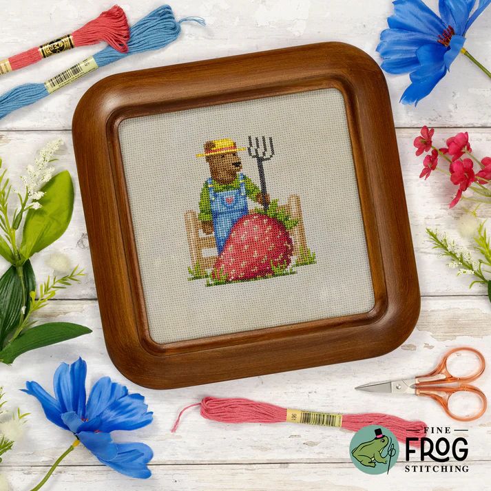 Strawberry Farmer by Fine Frog Stitching Exclusive Nashville Market 2026 Printed Counted Cross Stitch pattern