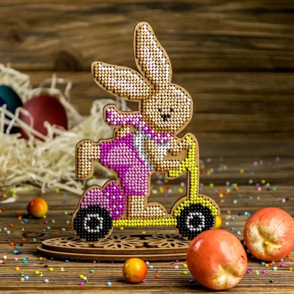 Bunny On Scooter by Wonderland Crafts Easter Bead embroidery kit on wood Made in Ukraine